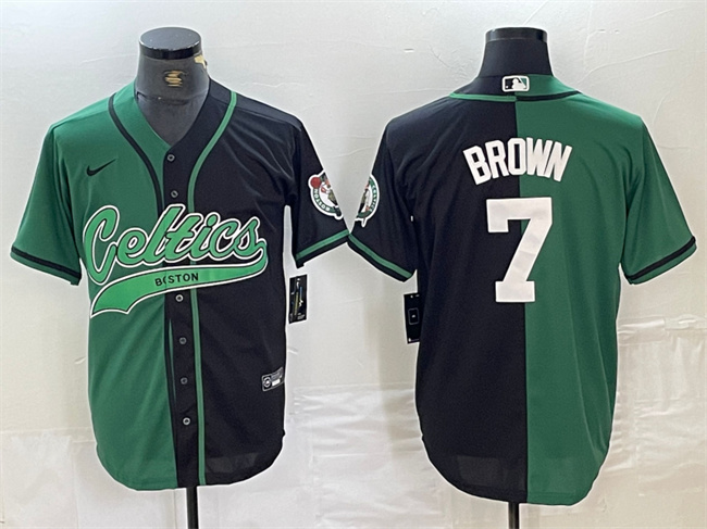 Men's Boston Celtics #7 Jaylen Brown Green/Black Split Stitched Baseball Jersey Men's Boston Celtics #7 Jaylen Brown Green/Black Split Stitched Baseball Jersey